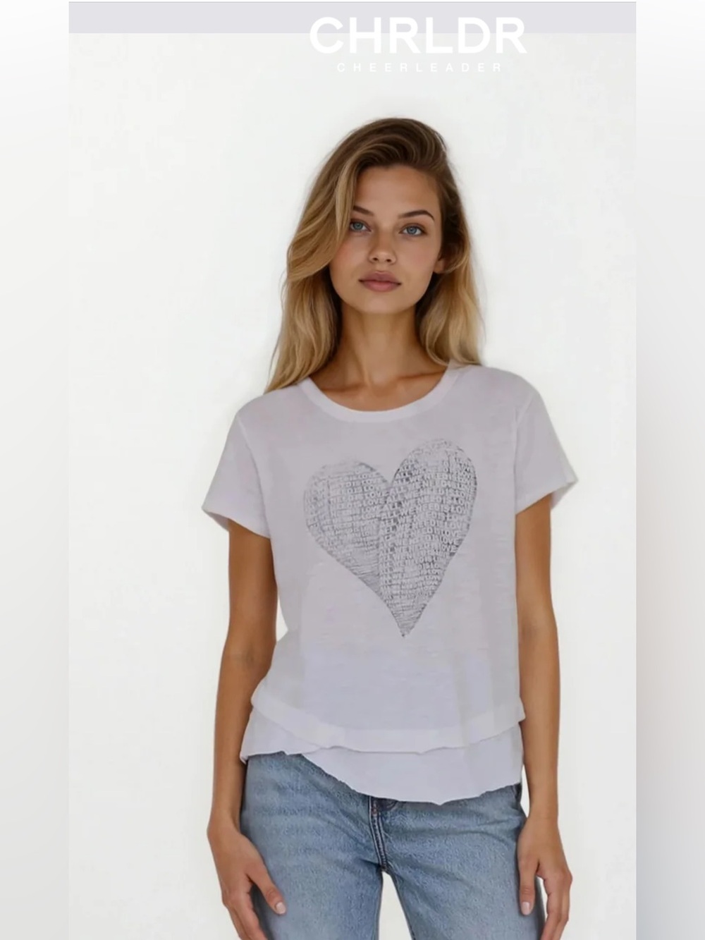 CHRLDR AWNIL Mock Layer T-Shirt White Heart Graphic Tee Womens L